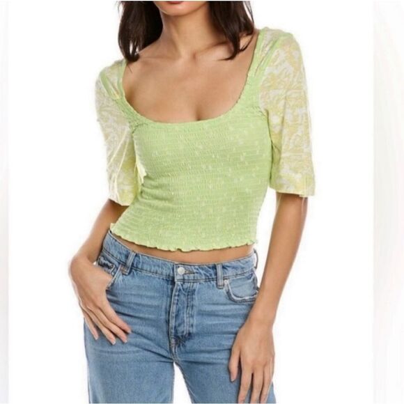Free People Marigold key lime combo floral smocked bodice top size medium - Picture 1 of 9